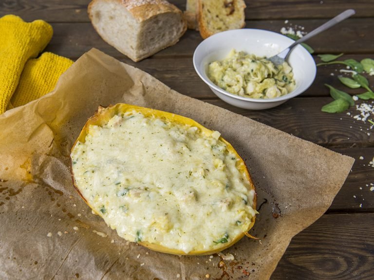Spinach, Artichoke, and Chicken Spaghetti Squash Bake