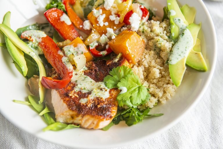Salmon Grain Bowl (with delicious Jalapeño cilantro dressing!)