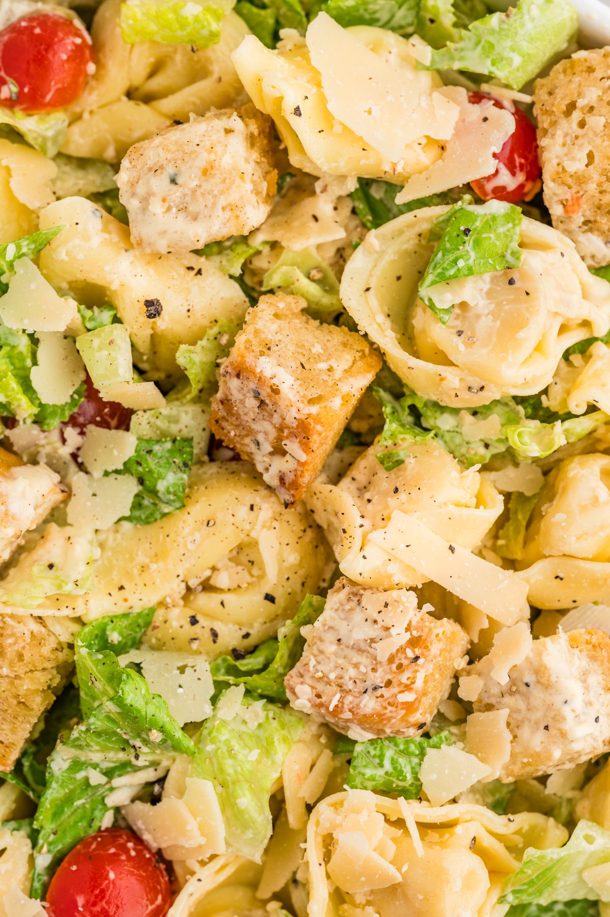 Close-up view of Caesar tortellini salad showing creamy dressing, croutons, and shaved parmesan.